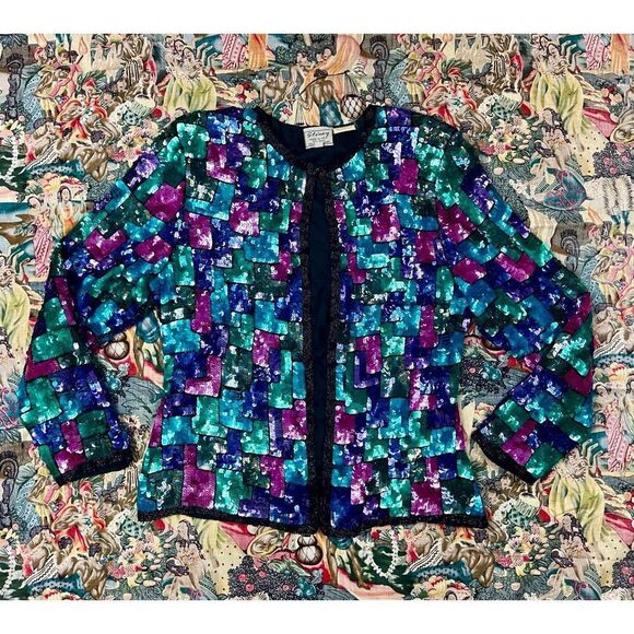 Stenay Sweaters - Vtg 80s Stenay Sequin Beaded Multi Colored Black Cardigan Sweater Jacket Sz M/L